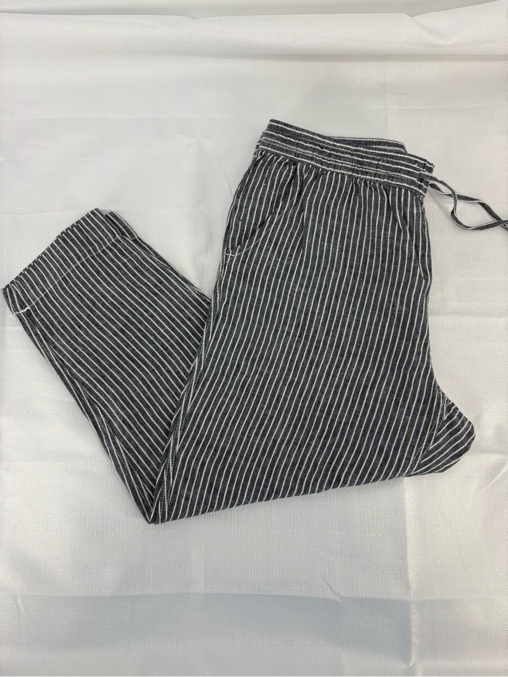 L.L Bean Women’s 16 Petite Linen Pull-on Drawstring Tie Pockets Crop Stripe Pant